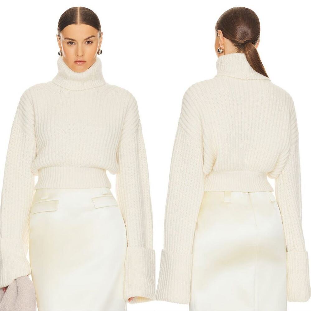Helsa Esti Turtleneck Sweater M Cream Cropped Ribbed Knit Minimalist